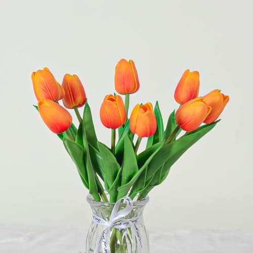 Artificial Flowers Tulips Fake Flowers Real Touch Latex Tulips Faux Flowers Bouquet for Wedding Party Arrangements Home Decor and Baby Shower Centerpieces (10, Orange) - color: Orange