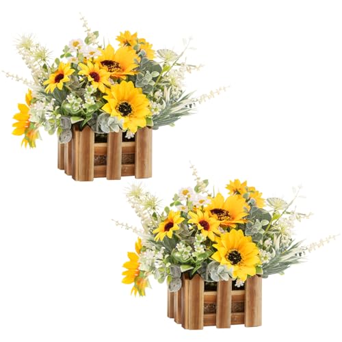WELL KNOWN Artificial Sunflower Plants in Wooden Baskets, Faux Sunflower and Mini Wild Flowers Arrangement in Planter for Home Hotel Office Table Centerpieces & Gift (Set of 2) - color: Sunflowers
