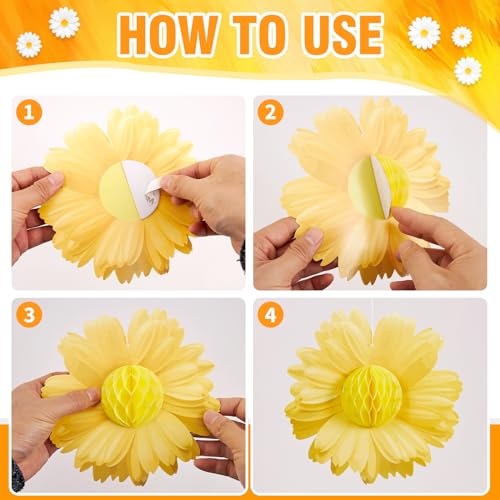 Paper Jazz 9pcs Daisy Paper Flower Decorations, White Yellow Orange Honeycomb Hanging Decor, Spring Party Celling Sign Boho Happy Birthday Supplies for Garden Classroom Baby Shower Birthday Party - color: Orange Daisy