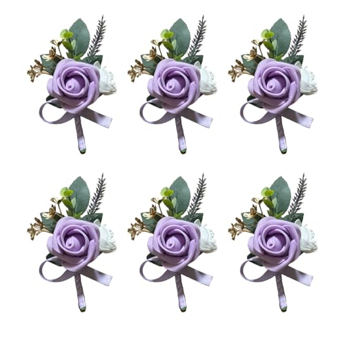 6PCS Purple Lavender Boutonniere for Men, Lilac Boutonniere Pins for Men Groomsmen Guest, Artificial Flowers for Wedding Decor Prom Homecoming - color: Lavender Purple