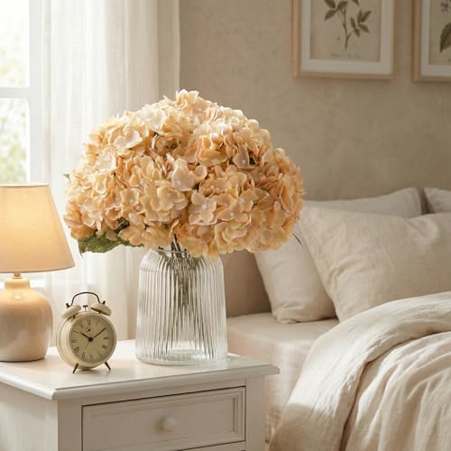 2Bouquets Artificial Fake Flowers Plants Silk Hydrangea Arrangements Wedding Bouquets Decorations Plastic Floral Home Kitchen Garden Party Festival Bar DIY (Cream,5 Flower Heads) - color: Cream，5 Flower Heads