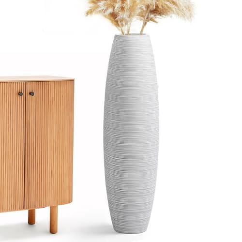 Large Floor Vase 35.4" Matte White, Resin Wide-Body Vase with Horizontal Ribbed Texture for Dried Pampas Grass Branches, Modern Home Decor for Living Room Corner Entryway - color: White, size: 35.43 in