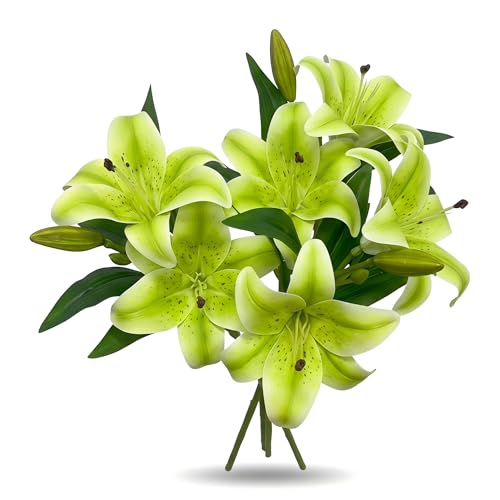 ATFL Artificial Lilies Flowers,9 Pcs Faux Lily Flowers,16''Tiger Lily Branches with 2 Full Blooms and 1 Bud,Faux Fake Lilies Plants for Wedding Bouquet Floral Arrangements (9, Green) - color: Green