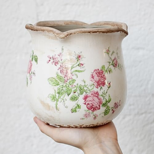 Xiaan Jiaju Shabby Chic Flower Pot, 6.11 Inch Ceramic Planter with Drainage for Indoor Plants, Vintage Ceramic Vase, Country Chic Spring Garden Home Decor, Pink Rose Floral - color: Rose Floral