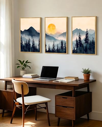 PHOPAGO Blue Fog Pine Tree Mountain Landscape Framed Wall Art Large 16x24in Retro Watercolor Nature Misty Forest Artwork Paints Sun Rise Rustic Farmhouse Home Decor - Natural Framed - color: Blue Mountain, size: 24L" x 16W" x 3 Pcs Natural