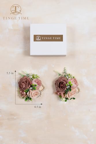 TINGE TIME Set of 2 Wrist Corsage Bracelets Pearl Wristlet Band Bridesmaid Bracelet for Wedding Ceremony Bridal Shower Wedding Artificial Flower Prom (DustyRose&Cream) - color: Dusty Rose & Cream