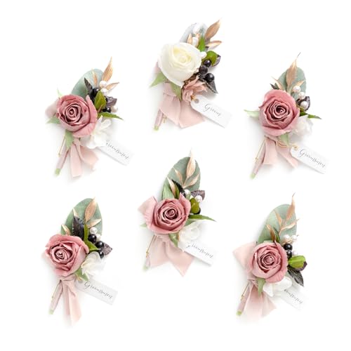 Ling's moment Boutonniere for Men, 6pcs Groom Groomsmen Boutonniere with Built-in Pins, Artificial Flowers for Wedding Decor/Prom/Homecoming, etc.Dusty Rose Mauve - color: Pk-dusty Rose & Mauve