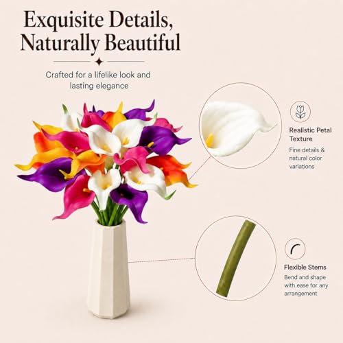 Mandy's 20pcs Colorful Calla Lily Artificial Flowers | 13.5 Inch PU Realistic Bouquet for Vase Elegant Home Decor Centerpiece Wedding Bridal Bouquet Table Decoration - color: Colorful