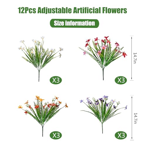 Ammyoo 12 Bundles Artificial Spring Summer Flowers Outdoor Decorations Fake Plants, Realistic Silk Floral Garden Porch Faux Flowers for Outside Planters Decoration(4 Color) - color: Mix No Basket
