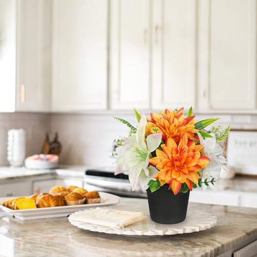 GnFlus Orange Artificial Flowers Small Fake Flowers in Vase Peonies Dahlia Tiger Lily Potted Silk Flower Arrangements Faux Plants & Flowers Home Bathroom Kitchen Table Centerpieces Desk Decor - color: Orange