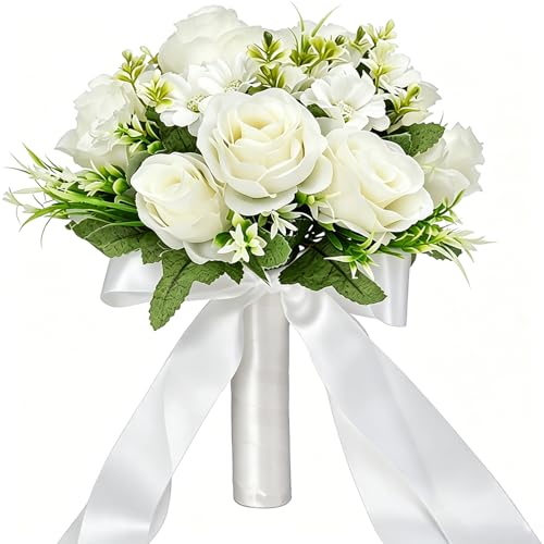 CYANLUX Wedding Bouquets for Bride Bridesmaid Bouquet Champagne White Artificial Roses Flowers for Wedding Valentine's Day Church Home Decoration (White)… - color: White