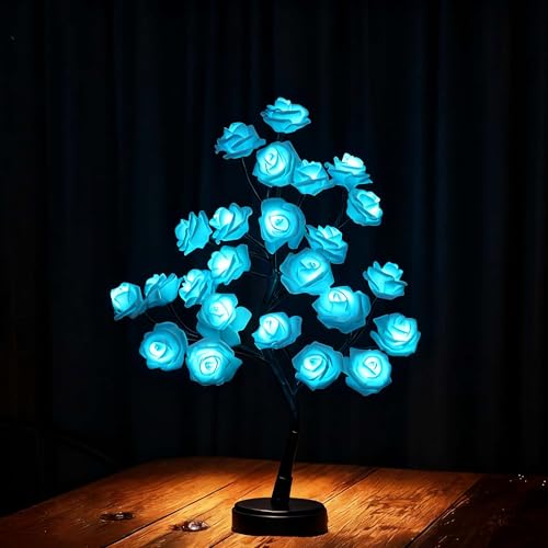 Rose Tree Lamp，Rose Flower Night Light, Led Tabletop Pink Tree Lights, Lower Lamp Girls Gift for Mother’S Day, Lighted Tabletop Tree for Christmas Wedding Decor Valentine’S Day - style: blue Rose