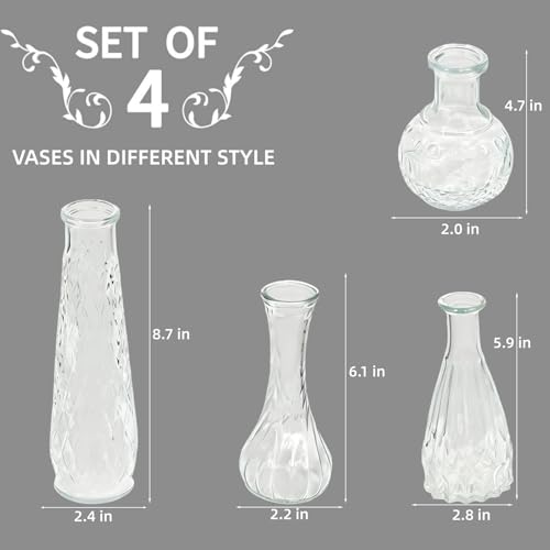 Glass Bud Vases Set of 4,Small Vase for Flowers,Clear Vintage Embossed Mini Vases,Flower Arrangements in Vases for Party or Home Decor (B)