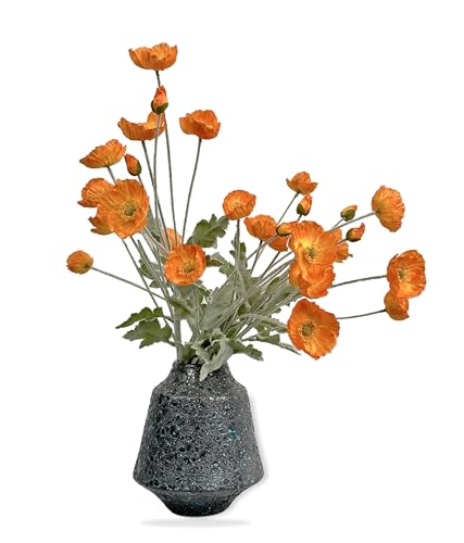 Set of 6 Poppies Flowers Artificial Silk Flowers with Long Stems Faux Wildflowers Bouquet for Vases Oil Pastel Style for Wedding Party Indoor Home Office Decor (Orange) - color: Orange