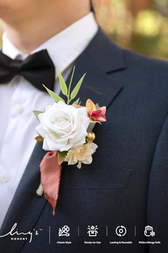Ling's moment Boutonniere for Men, 6pcs Groom Groomsmen Boutonniere, Artificial Flowers for Wedding Decor/Prom/Homecoming, etc.Terracotta White - color: Or-terracotta & White