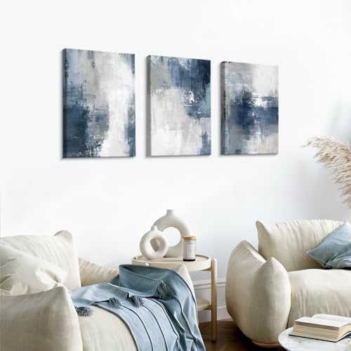 WENGTIAO 3 Pcs Navy Blue Abstract Canvas Wall Art Prints Modern Minimalist Blue Gray Artwork for Walls Framed White Neutral Poster Paintings Decor for Living Room Bedroom Bathroom Office 20x28x3Pcs - color: Abstract-blue, size: 20"x28"x3Pcs