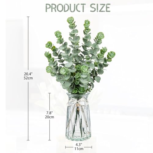 Hollyone Artificial Eucalyptus Stems in Glass Vase with Faux Water, 20.4" Fake Plant Eucalyptus Leaves Faux Greenery Branches for Home Office Farmhouse Bathroom Wedding Centerpiece Decor - color: Green #7