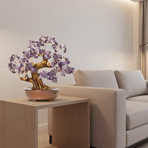 Feng Shui Crystal Money Tree of Life, Artificial Plants Made in uv Resin,Bonsai Tree.Diamond Art Tree of Life,Home Decor,Art Supplies. Gfit for Women,man.(Purple Treasure Tree) - color: Purple Treasure Tree 