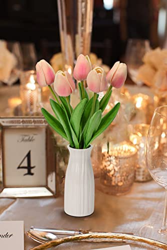 Briful 2 Packs Faux Flowers Artificial Tulips with Ceramic Vase, Poly Foam Pink Tulips Real Touch Flower Arrangement for Home Kitchen Wedding Centerpiece Decoration - color: Pink