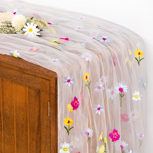 Socomi Flower Table Runner Summer Ivory White Daisy Floral Tulle Gauze Cheesecloth Embroidery Table Runners for Tea Party Garden Wedding Bridal Baby Shower Birthday Picnic Decor - color: Flower Ivory, size: 10ft X 1pc