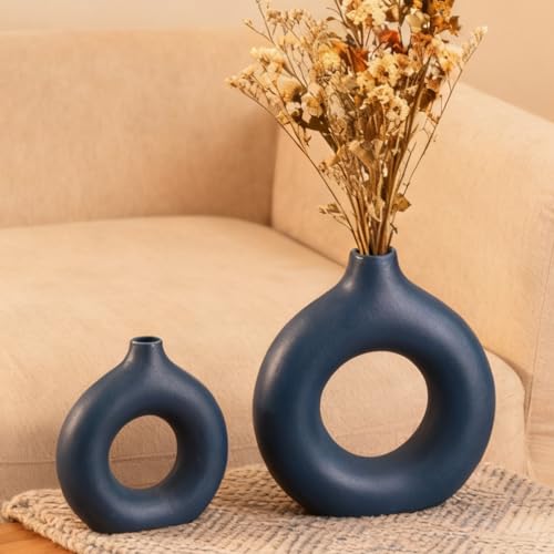 Ceramic Donut Vase Set of 2 Home Decor Modern Farmhouse Style Living Room Ornament Dining Table Room Pottery Purple Small Vases for Dried Flowers - color: Vt11 Blue
