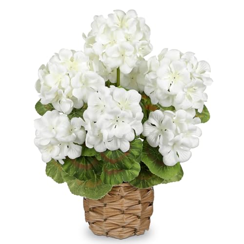 Briful Artificial Geraniums Flowers Potted Plant - 13.7'' Tall Faux White Silk Realistic Lush Geraniums Flowers in Basket, Indoor&Outdoor Decorative Plant, Farmhouse Home Porch Office Patio Table - color: White, Basket