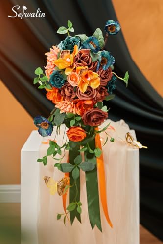 Serwalin Orange & Teal Wedding Bouquets for Bride & Bridesmaid - Fall Cascading Artificial Flower Bouquets for Wedding Ceremony, Bridal Shower & Anniversary - color: Acclaimed Teal and Burnt Orange
