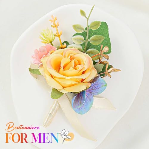 Bride Wedding Flower Boutonniere Red Rose Groom Buttonholes Prom Suit Decoration for Men and Groomsmans (Champagne) - color: Champagne