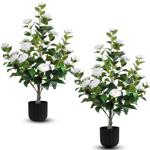 Hananona 2 Pcs Artificial Camellia Trees Faux Camellia Plant in Pot with Flowers Indoor Plants for Spring Home Decor Outdoor Porch Front Door Decor (White, M) - color: White