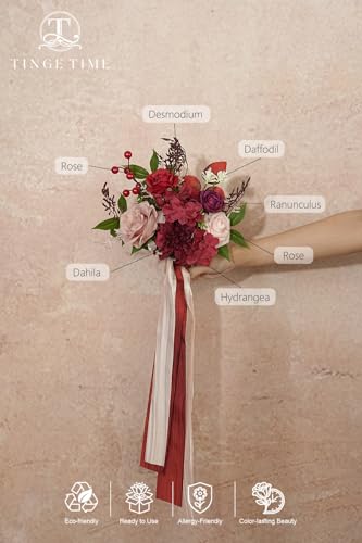 TINGE TIME 7 Inch Wedding Bouquets for Bridesmaid, Artificial Flowers Cascading Bridal Bouquet for Wedding (Burgundy & Pink, Set of 4) - color: Burgundy & Pink