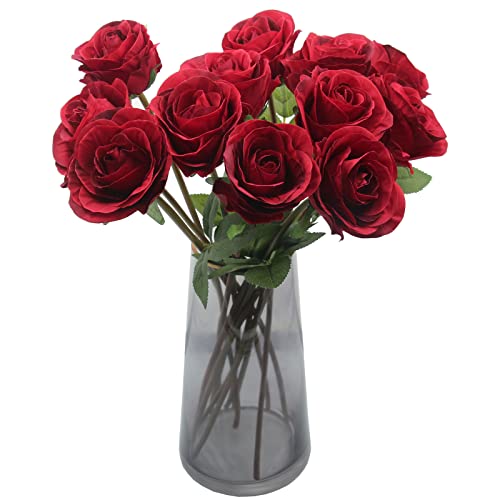 Hananona Artificial Roses Flowers for Flower Arrangement, 12 Pcs Silk Red Rose Bouquet for Home Decoration, Faux Roses for Parties and Wedding Decoration (Red, 12) - color: Red