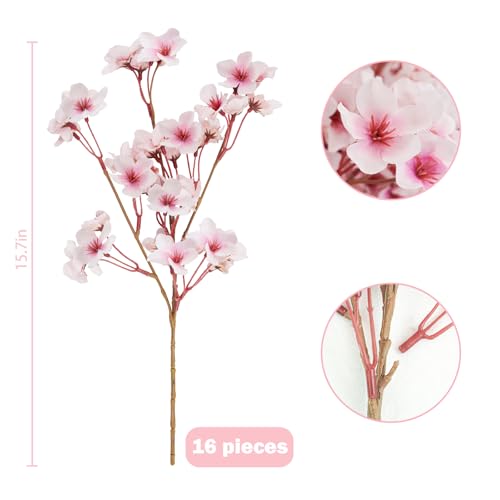 16PCS Artificial Cherry Blossom Flowers, 15.7" Fake Pink Peach Flowers Slik Faux Cherry Blossom Stems Flower Boquet for Home Vase Wedding Party Spring Decoration - color: Pink, size: 16
