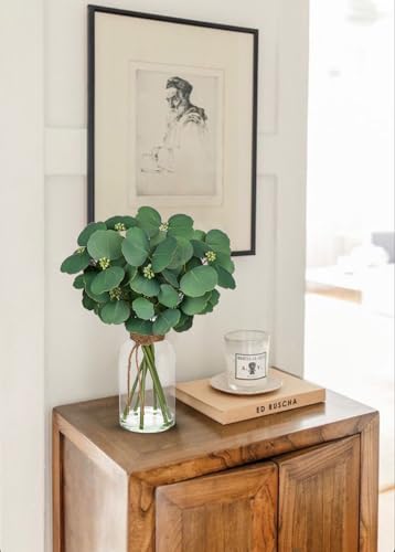 Fake Real-Touch Eucalyptus in Glass Vase with Faux Water – Realistic Faux Greenery Decor, 15.4" Tall, Artificial Silver Dollar Eucalyptus Arrangement for Home, Farmhouse, Kitchen, Bathroom, Office - color: Green