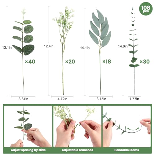 108 PCS Baby's Breath Artificial Flowers - Babys Breath Flowers with Eucalyptus Stem Bulk - Real Touch Fake Gypsophila Bouquets for Wedding Decor, Party Arrangements, Home Decoration, DIY Crafts - color: 108pcs Flower With Eucalyptus Stem