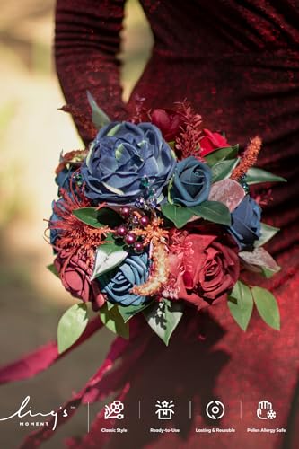Ling's moment Burgundy Artificial Wedding Flower Bouquets for Bridesmaids Navy Blue Floral Bouquet Bridesmaids Bouquets with Ribbon Ceremony Anniversary,7-inch Diameter - color: Blu-navy Blue & Burgundy Red