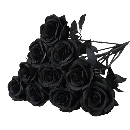 10 Pcs Black Rose Artificial Flower, Faux Silk Flowers With Long Stems, Fake Roses Bulk Bouquet for Decoration Valentine's Day Centerpieces Proposal Bridal Bouquets Shower Party Home Floral Decor - color: Black