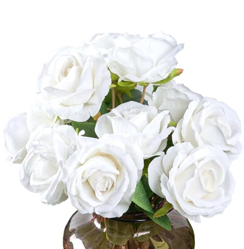 PONKING 3.5"(9cm) Rose Artificial Flower 12pcs Realistic Faux Silk Roses Fake Flowers Bouquets Arrangements Decor for Wedding Mother's Day, Home Table Christmas Valentine Decorations, White Flower - color: D 12pcs White Rose