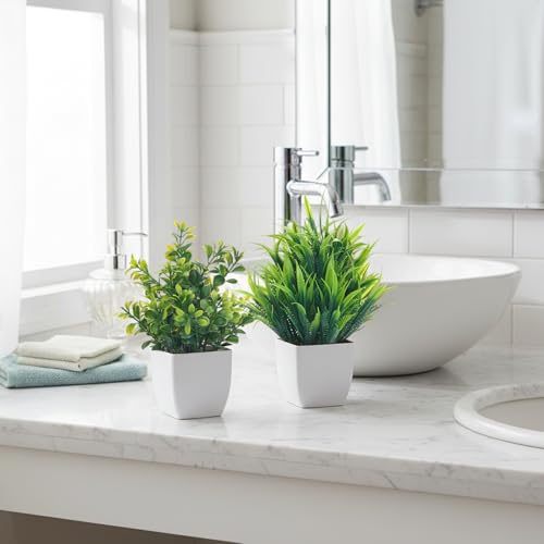 CEWOR Fake Plants 4 Packs Small Artificial Mini Plants Potted Bathroom Accessories Decorations for Desk Office Farmhouse Kitchen Table Decor Indoor - color: White