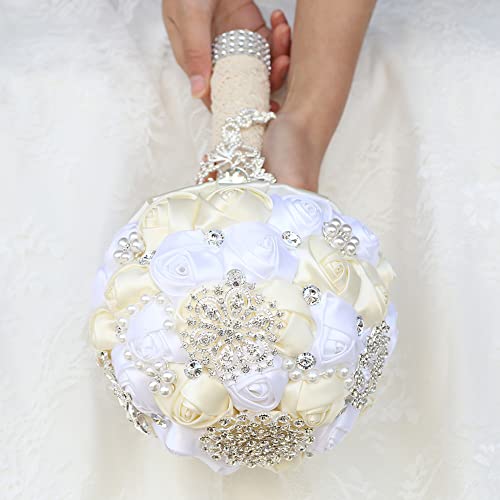 Sharebeauty 7.9 Inch Handmade Satin Rose Bridal Bouquet Toss Round Wedding Bouquet Throw Toss Artificial Flower Bunch Ivory + White - color: W3217d02 Ivory/White