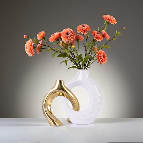 LCCCK White and Gold Ceramic Vases for Home Decor, Boho Vase for Flowers Pampas Grass Decorative, White Gold Hollow Donut Small Vase for Living Room Table Wedding Centerpiece Modern Vases - color: White and Gold