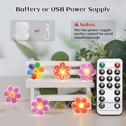Colorful Flower String Lights 10FT 30LEDs USB & Battery Powered Cute Rainbow Floral Fairy Twinkle Lights with Remote Timer Decorative for Bedroom, Dorm, Girls Room & Christmas Home Decor - style: Flower