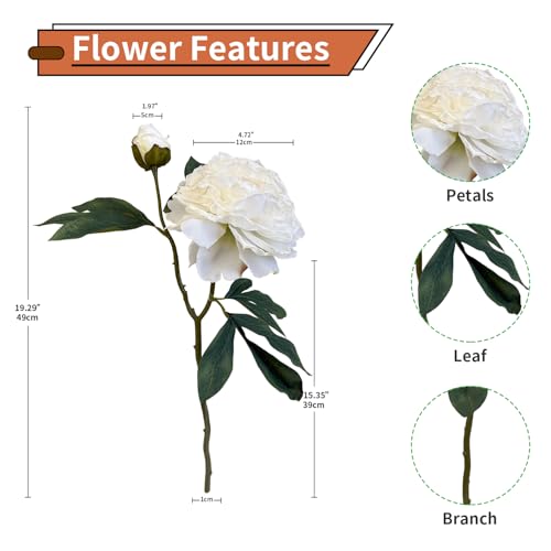 4 PCS Premium White Peonies Artificial Flowers,19.2’’Fake Faux Silk Peonies for Centerpieces Wedding Home Decor (4, White) - color: White