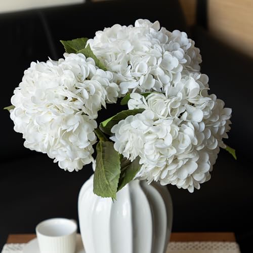 DUYONE 22" Real Soft Touch Hydrangea Artificial Flowers Realistic,Large Long Stem Fake Flowers Full Latex Faux,Wedding Bouquet,Party Home Decor,Garden Office Room Table Centerpieces White 3Pcs - color: White, size: 3Pcs