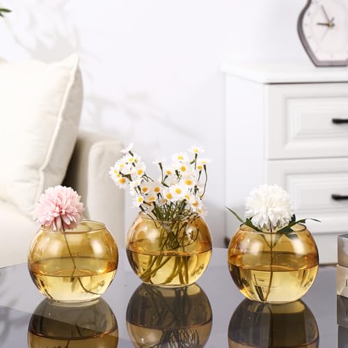Amber Round Vases Set of 6, Glass Vase for Flowers, Flower Vases for Centerpieces, Glass Bowl Vase for Living Room, Bedroom, Kitchen, Office, Wedding - color: Amber, size: 3“