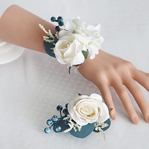 MOJUN Wedding Wrist Corsage Boutonniere Set Artificial Rose and Handmade Silk Bride Wrist Corsage and Men Boutonniere Set for Wedding Party Prom Decorations, Dusty Blue - color: Corsage and Boutonniere Set