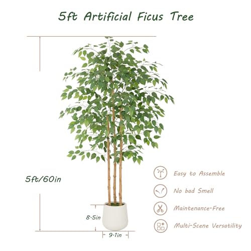 Bellacat 5ft Artificial Ficus Tree with White Decorative Planter & Multiple Real Wood Trunks, 60in Fake Ficus Tree with Lifelike Leaves, Faux Ficus Tree for Living Room Bedroom Office Decor - color: White Decorative Planter, size: 5ft