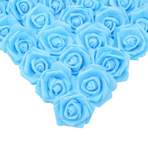 IPOPU Artificial Rose Flower Heads, 100 Pcs Real Looking Sky Blue Foam Fake Roses for DIY Wedding Baby Shower Centerpieces Arrangements Party Tables Home Decorations (Sky Blue, Stemless) - color: 100pcs Sky Blue