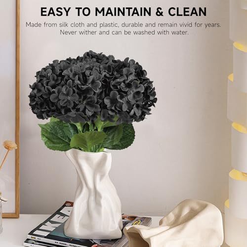 6 PCS Artificial Hydrangea Flowers, Faux Silk Hydrangea with Long Stems, Home Wedding Decor, Table Centerpieces, Party Decorations (Black) - color: Black
