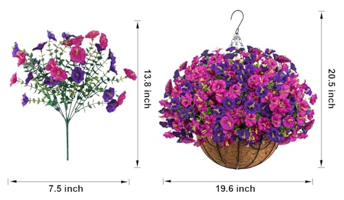 Artificial Hanging Flowers with Basket for Outdoors, UV Resistant Faux Silk Morning Glory with Eucalyptus Realistic Fake Hanging Plants for Spring Summer Outside Decor (Lotus&Purple) - color: Lotus&purple