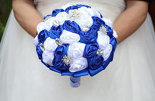 Royal Blue and White Bridal Wedding Bouquet with Silver Brooch Bling Rhinestone Bouquet for Bride Bridesmaid Quinceanera Satin Rose Flower Bouquet Wedding Royal Blue and White 7.5in - color: Royal Blue & White(silver Brooch), size: Diameter: 7.5 inches